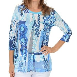 NWOT Jess and Jane Ocean Blue 3/4 Sleeve Slub Knit Top Chiffon Hem Size L